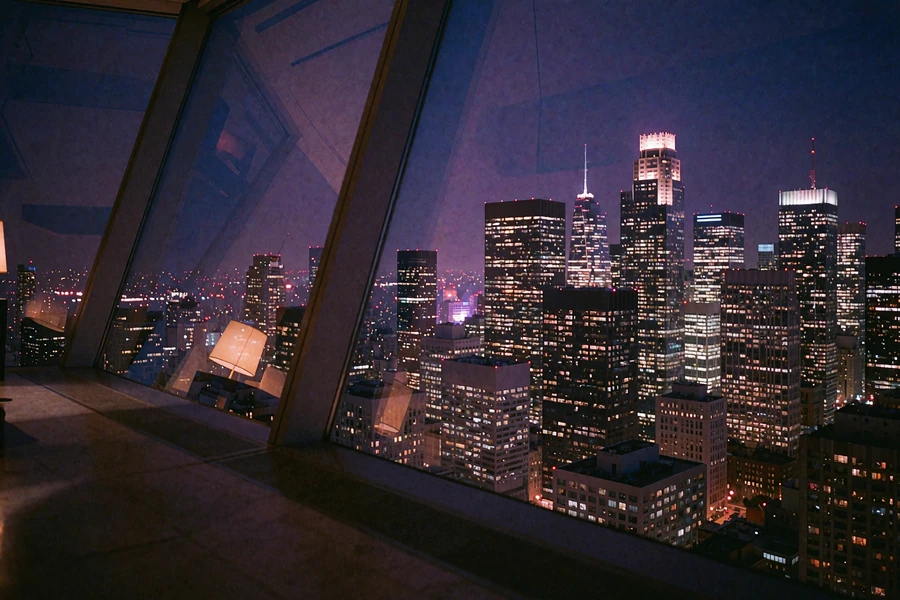 Downtown skyline glittering at blue hour seen through the floor-to-ceiling glass of a high penthouse lounge