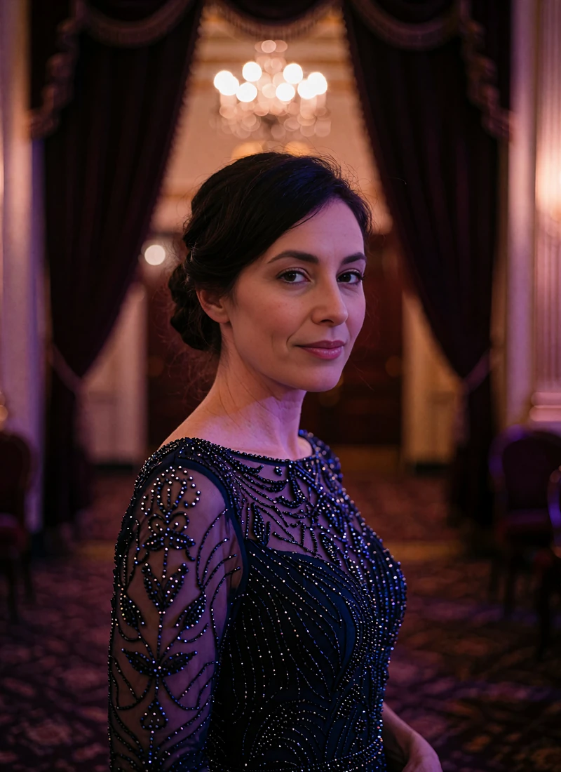 Woman with dark hair in a low chignon wearing a beaded midnight-blue evening dress in a theatre foyer
