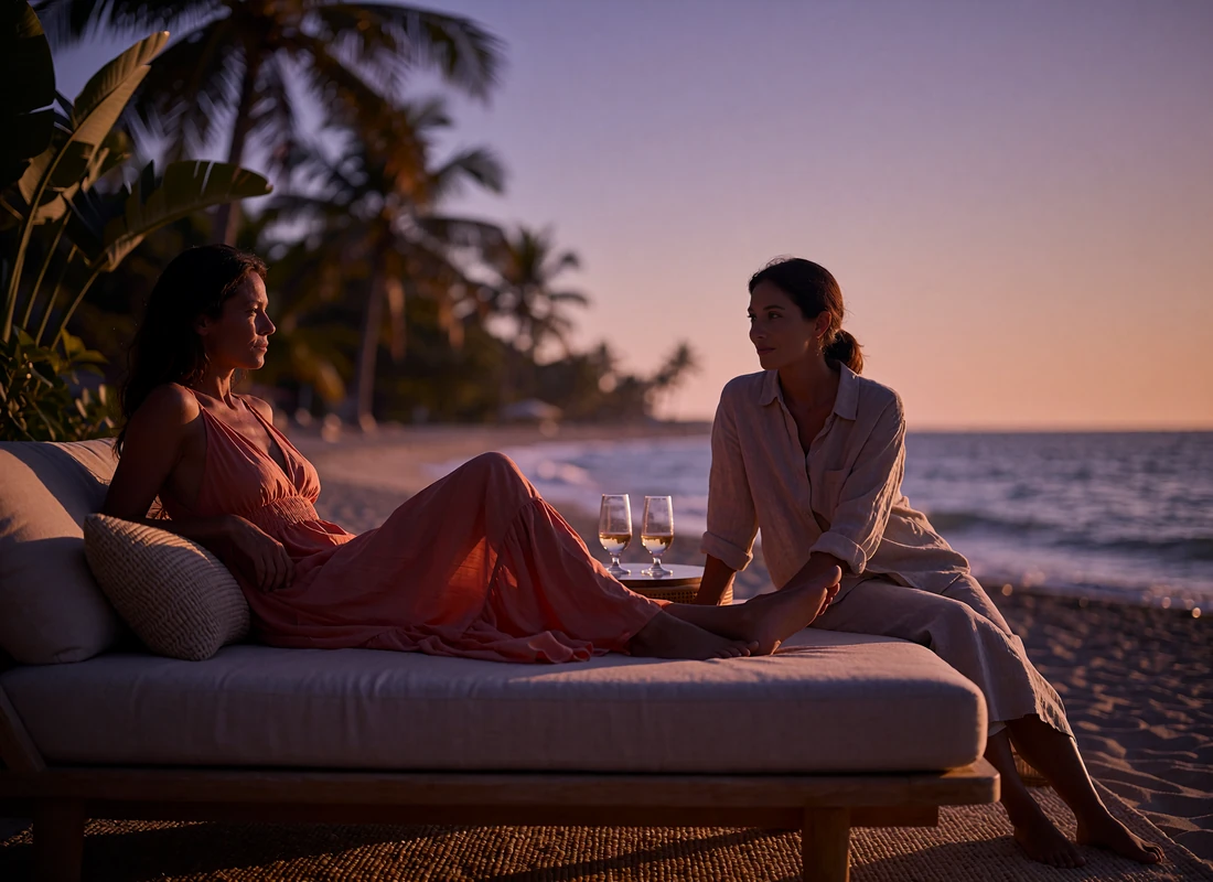 Couple relaxing on a daybed at an upscale beach club at golden hour with the ocean and palms behind them