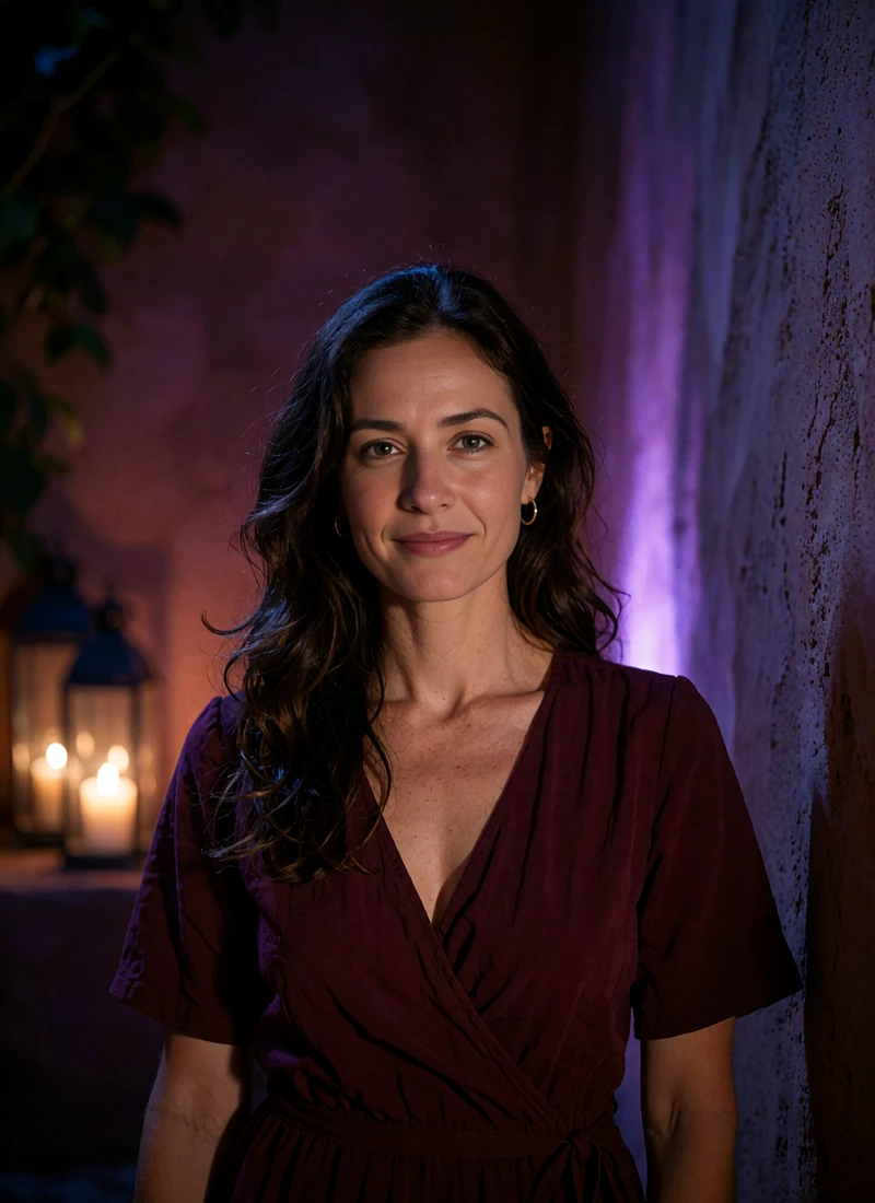 Woman with long dark wavy hair in a burgundy wrap dress smiling gently in a candlelit Alamo Heights courtyard