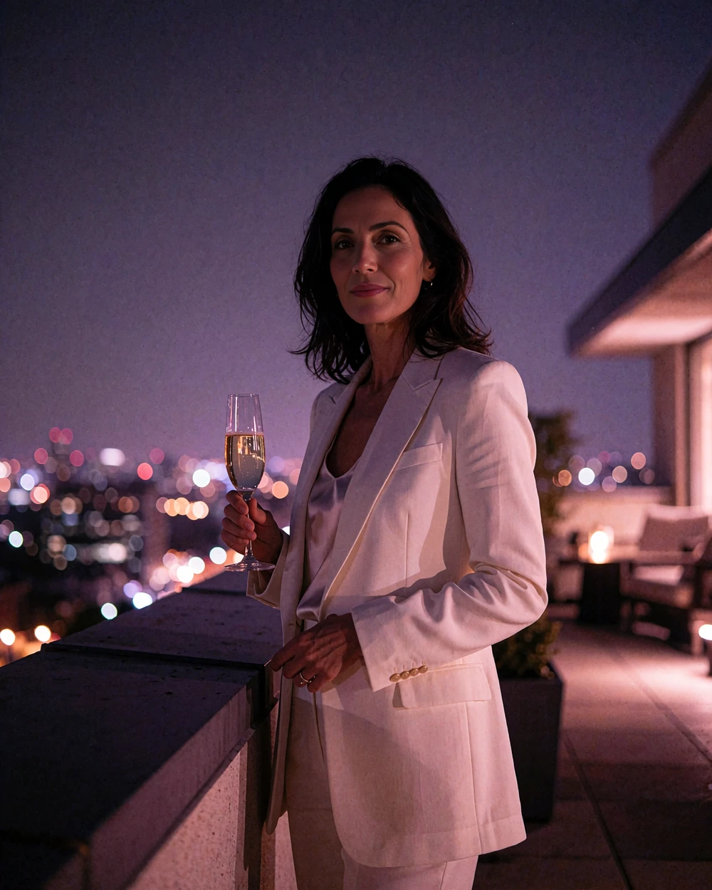 Woman in an ivory blazer holding a champagne flute on a rooftop terrace overlooking a city skyline at dusk