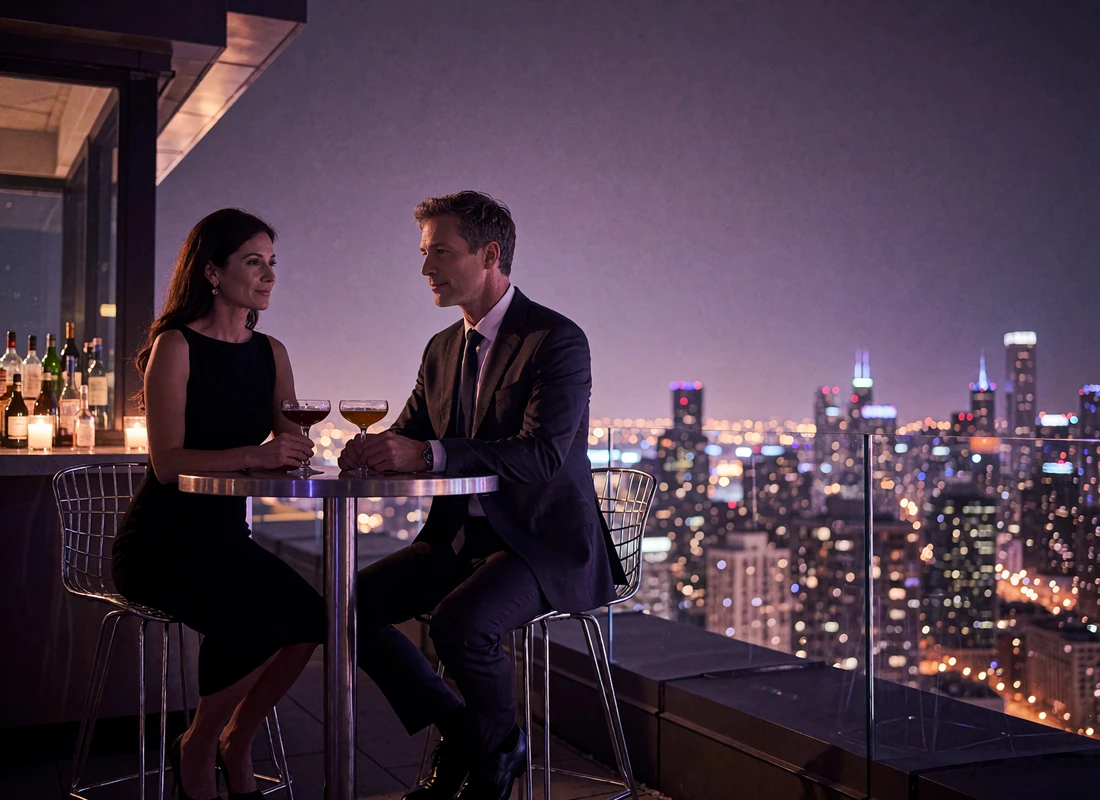 Couple sharing cocktails at a small rooftop bar table above the illuminated Chicago skyline at night