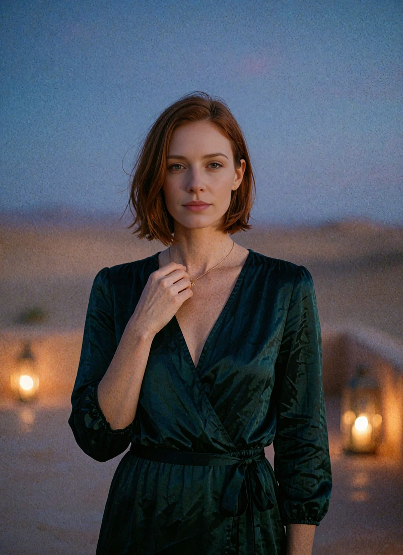 Woman with a sleek auburn bob in an emerald wrap dress standing on an open desert terrace at blue hour