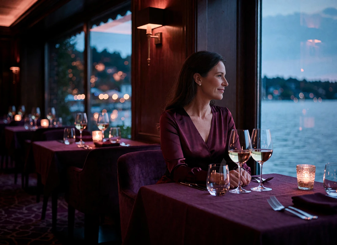 Woman in a wine-red dress at a candlelit window table in an upscale Chicago lakefront restaurant