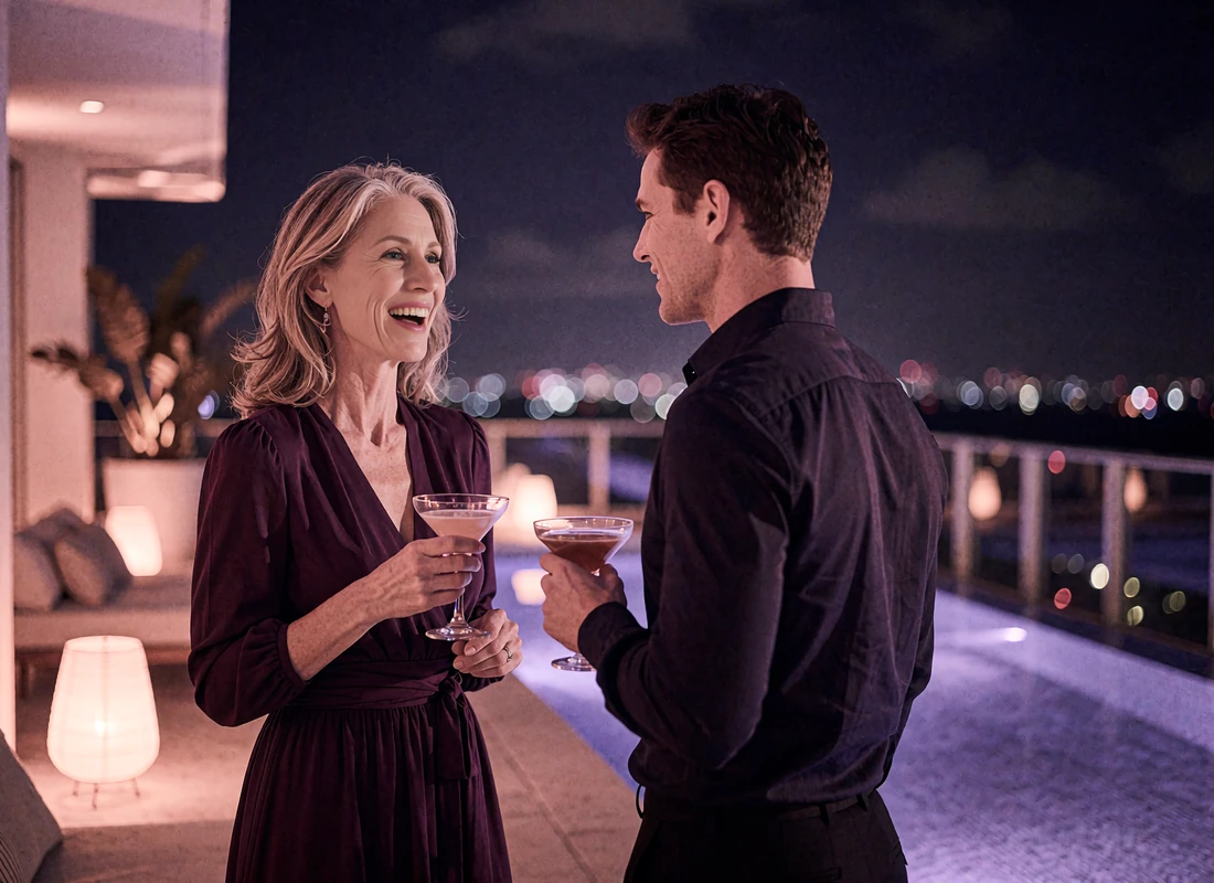 Elegant woman in a plum dress laughing in conversation with a younger man on a Miami rooftop lounge at night
