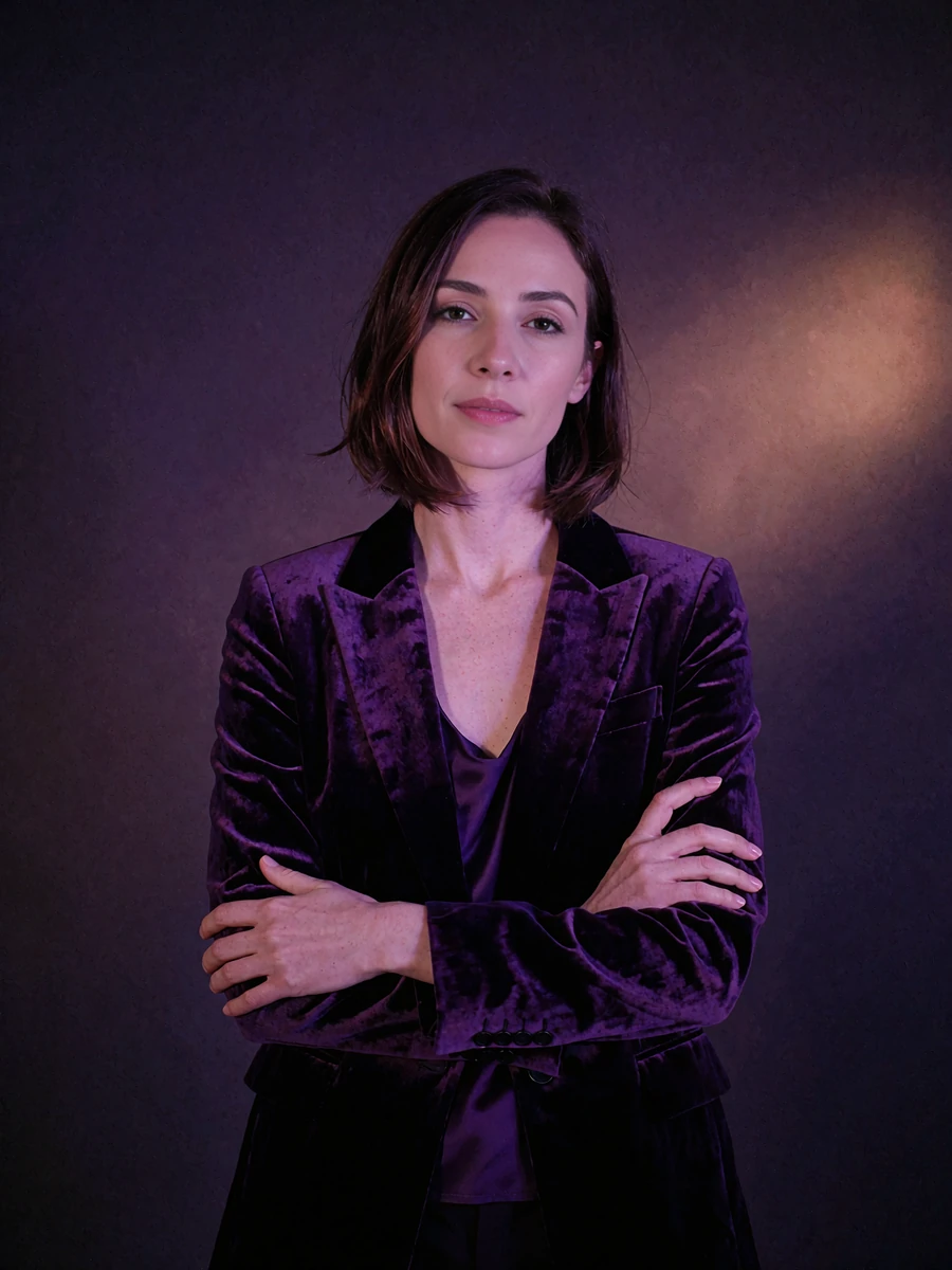 Woman with a sleek bob wearing a deep purple velvet blazer over a silk camisole, arms lightly crossed, in Atlanta