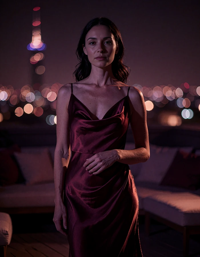 Woman in a burgundy satin gown standing on a dim Miami rooftop lounge at night with city lights blurred behind her