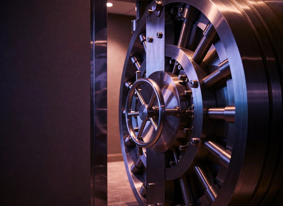 Heavy polished steel vault door slightly ajar inside a dim private corridor, symbolizing discretion and security