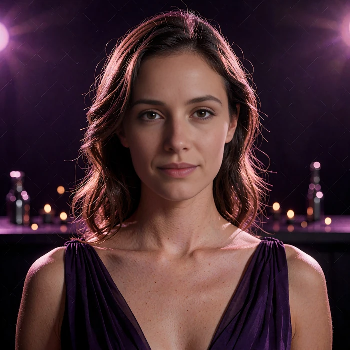Serene dark-haired woman in a deep violet gown photographed in a softly lit lounge bar