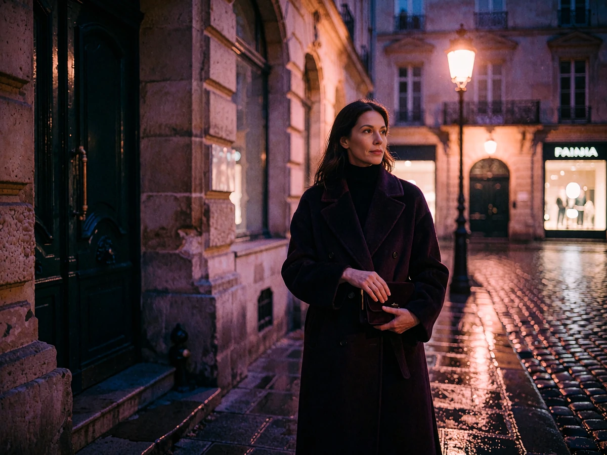 Woman in a dark wool coat standing alert beneath a streetlamp on a quiet upscale city street at night