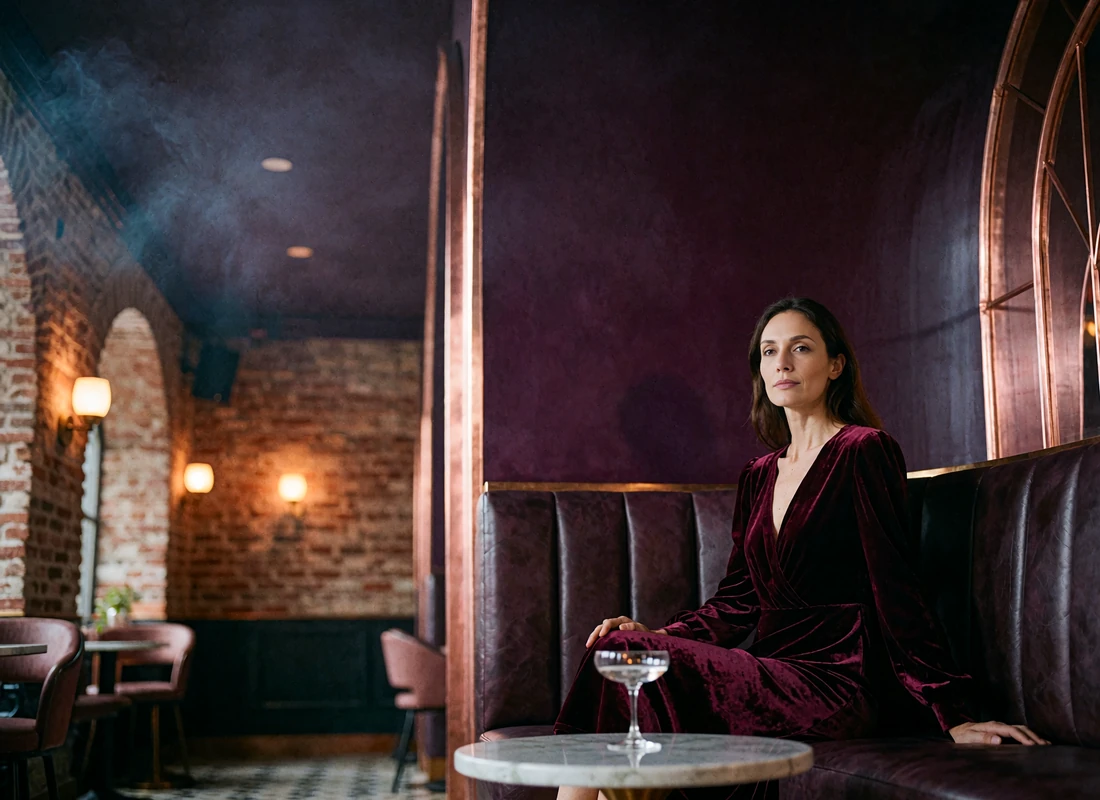 Woman in a burgundy velvet dress seated alone in a curved leather booth of a dim Tampa cocktail lounge