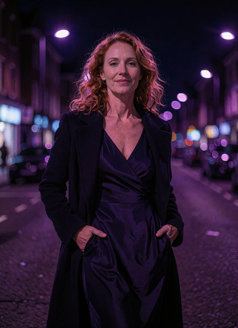 Athletic auburn-haired woman in her mid forties in a long dark coat standing on a quiet night street with a relaxed smile