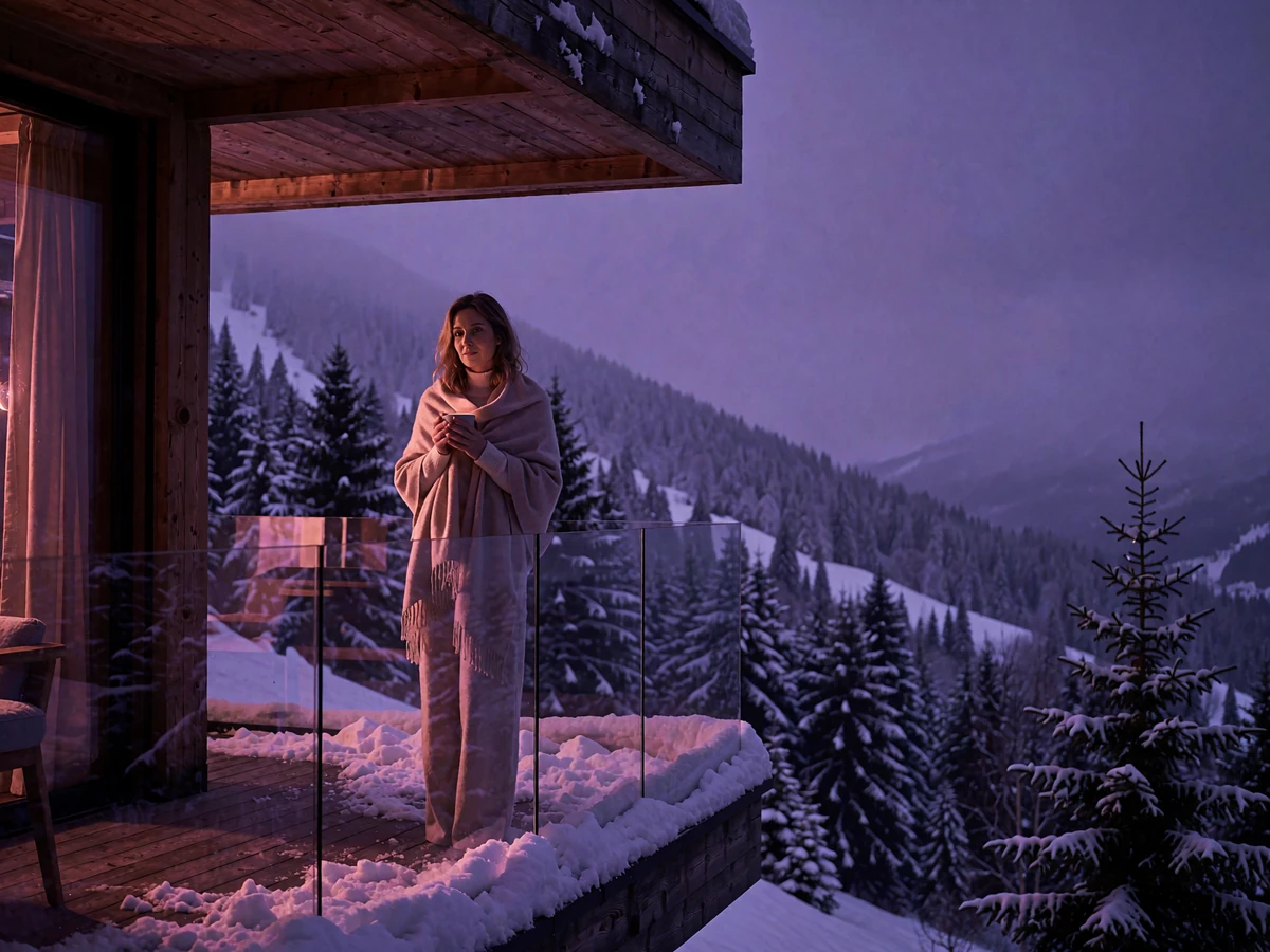Woman in a pale cashmere wrap holding a warm cup on the timber terrace of a mountain chalet near Denver at dusk