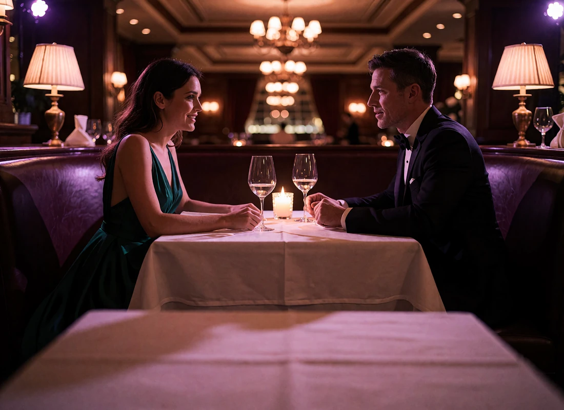 Couple dining at a candlelit corner table in an upscale Indianapolis steakhouse