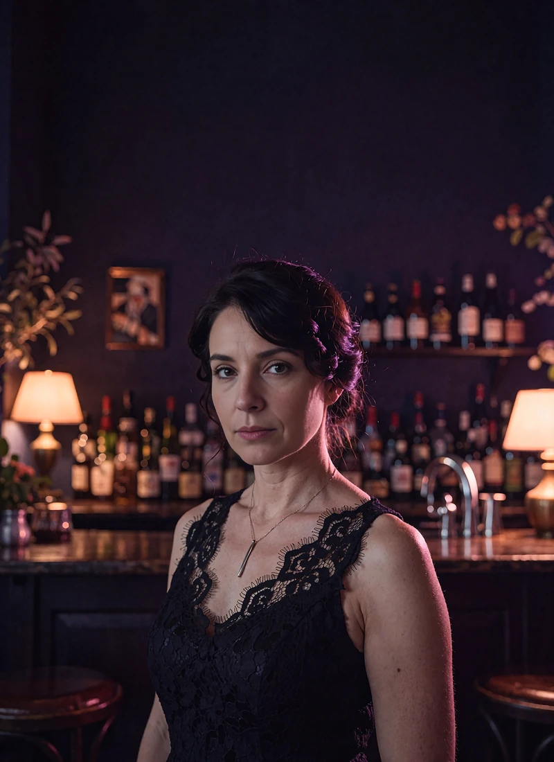 Woman with dark wavy hair in a black lace-detailed dress standing in a Montrose bar interior