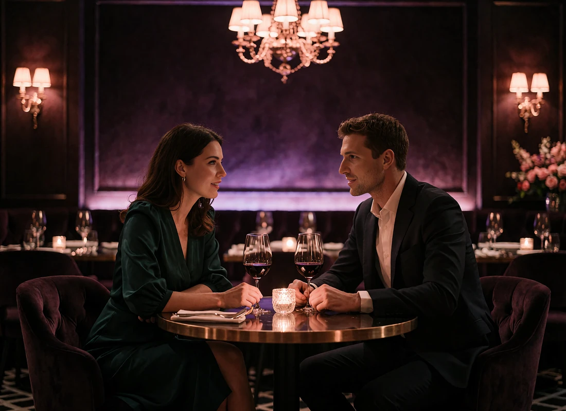 Couple seated at a candlelit table in an upscale Manhattan dining room during conversation