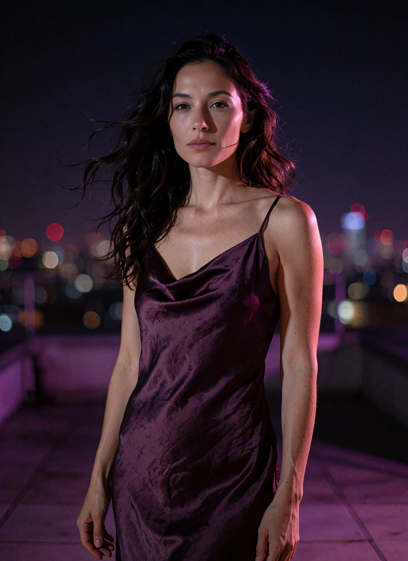 Confident woman with long dark waves in a plum satin slip dress standing on a rooftop terrace at night