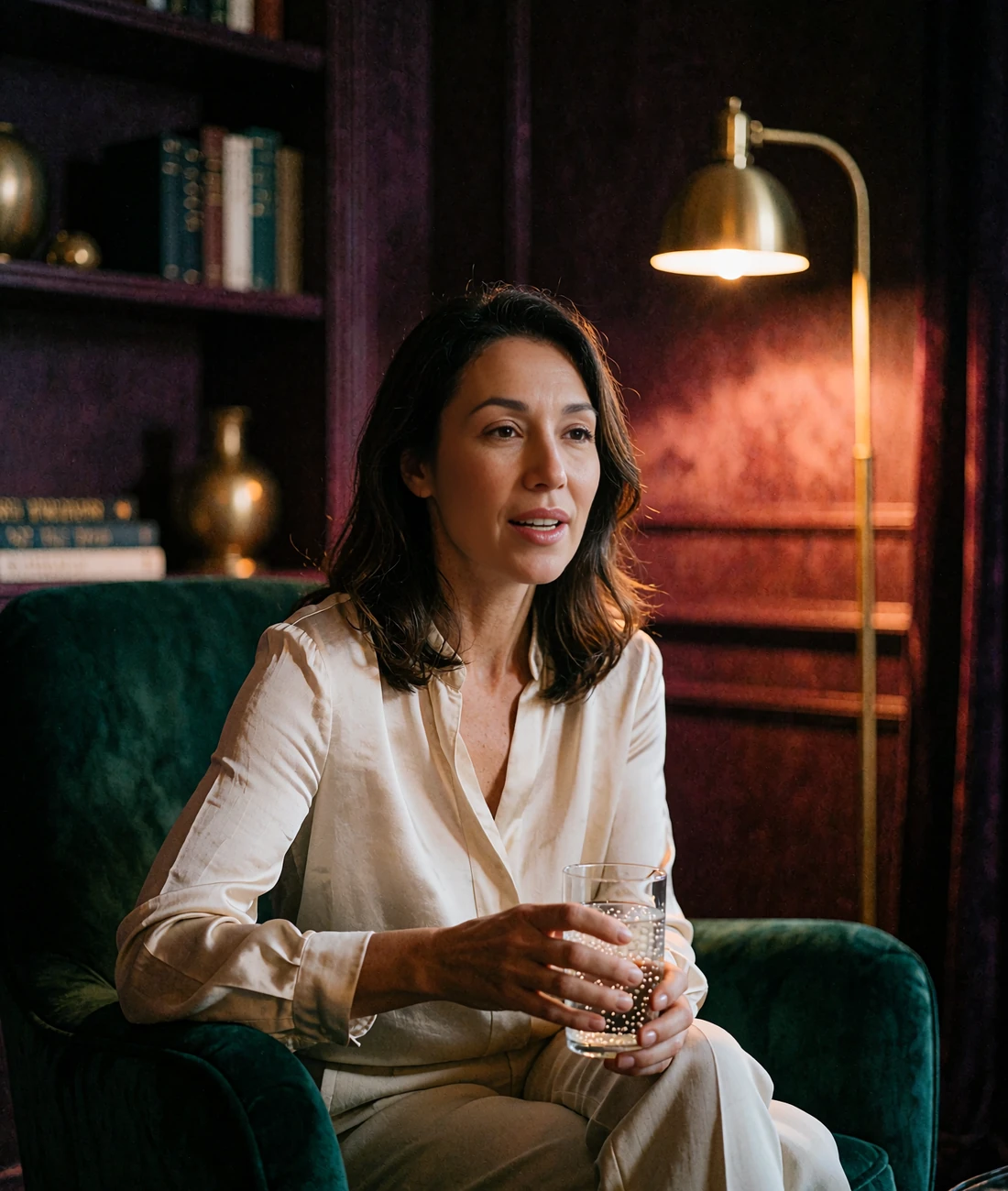 Woman in a cream silk blouse leaning forward in unhurried conversation in a quiet hotel library bar