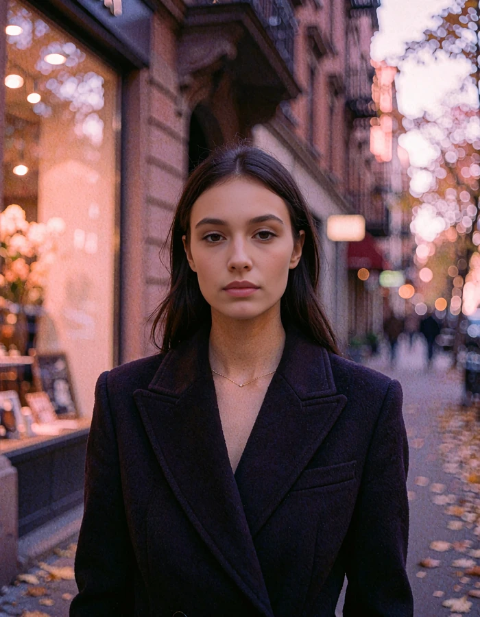 Woman with straight dark hair in a tailored navy wool coat and gold necklace on an autumn Boston street