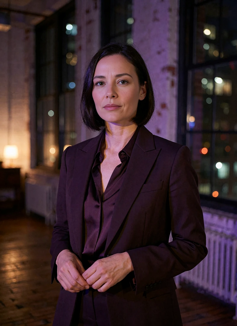 Woman in a tailored aubergine suit standing in a downtown Los Angeles loft with tall dark windows