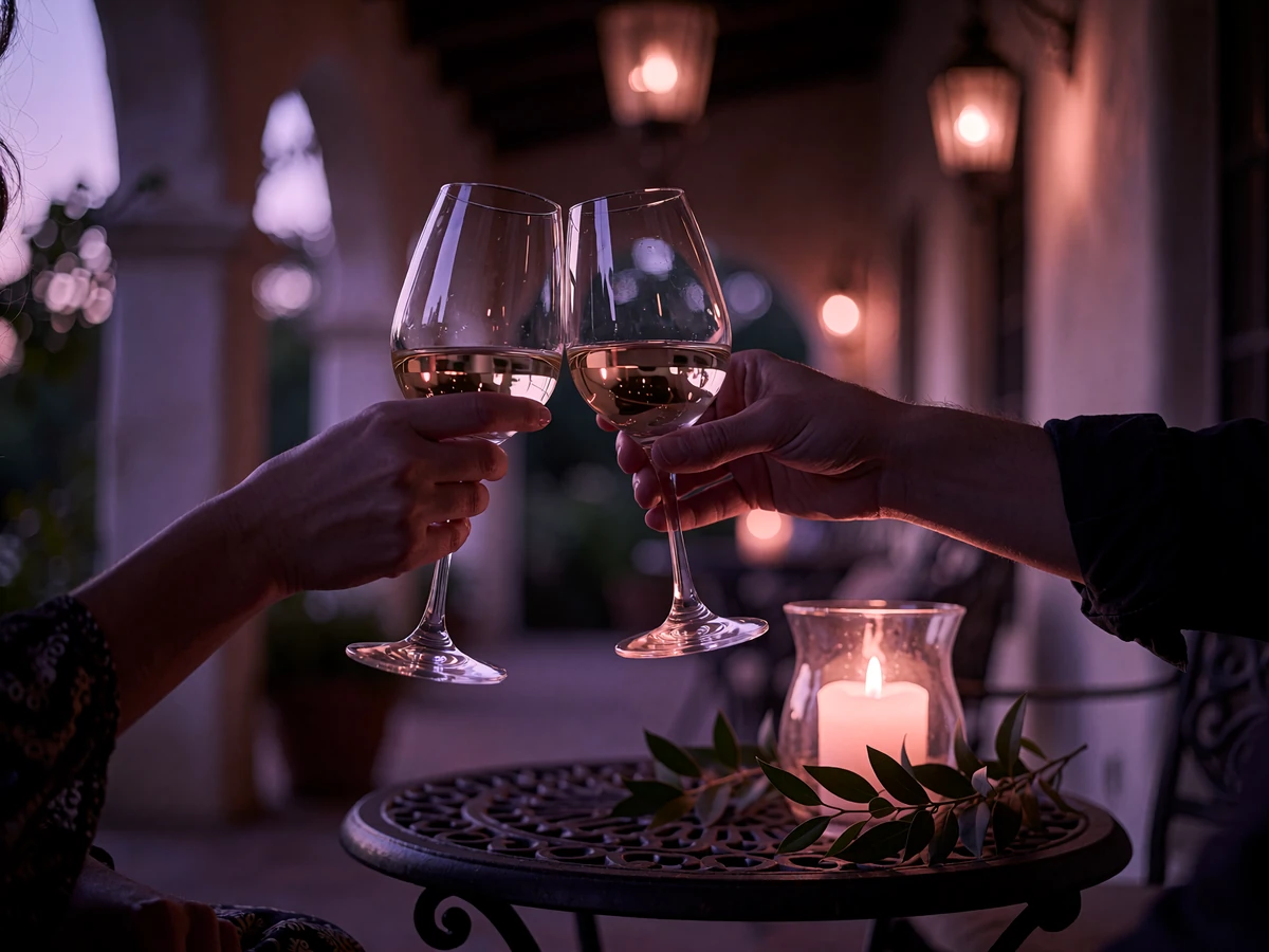 Two hands touching wine glasses over a candlelit table in a San Antonio hacienda courtyard