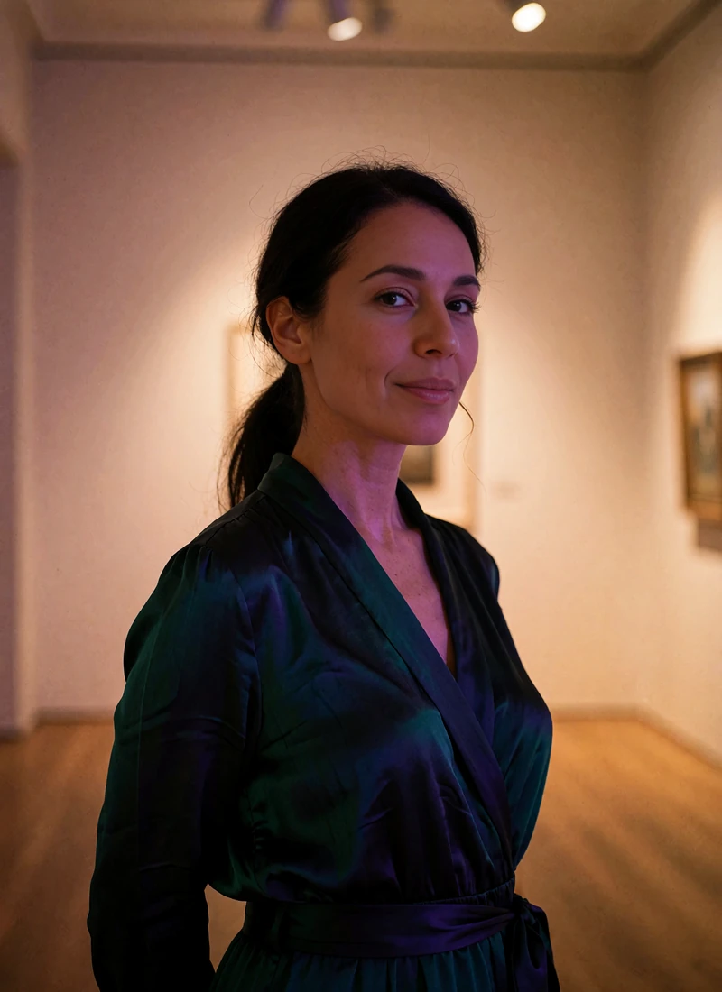 Woman with dark hair in a low ponytail wearing an emerald silk blouse-dress in a museum gallery