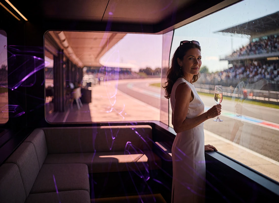 Elegant woman in a white dress holding a champagne flute at the glass front of a private motorsport hospitality suite
