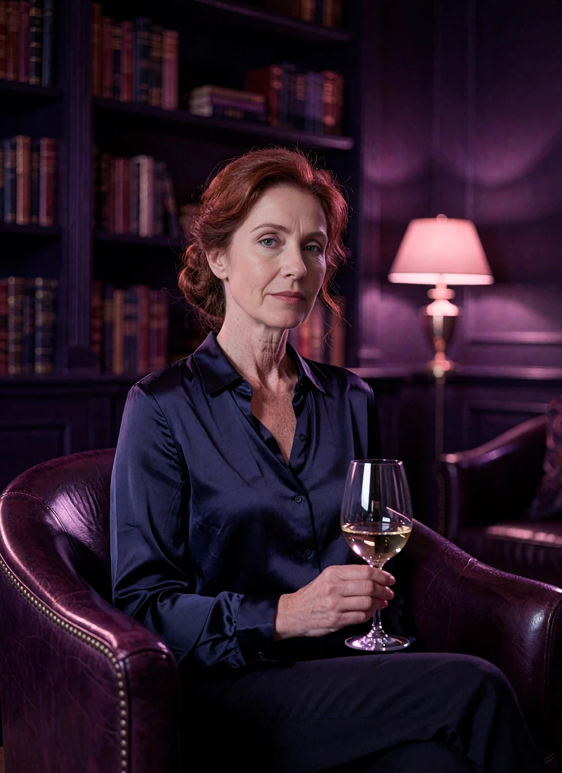Poised woman in her early fifties with auburn hair seated in a leather club chair in a dim private library holding a wine glass