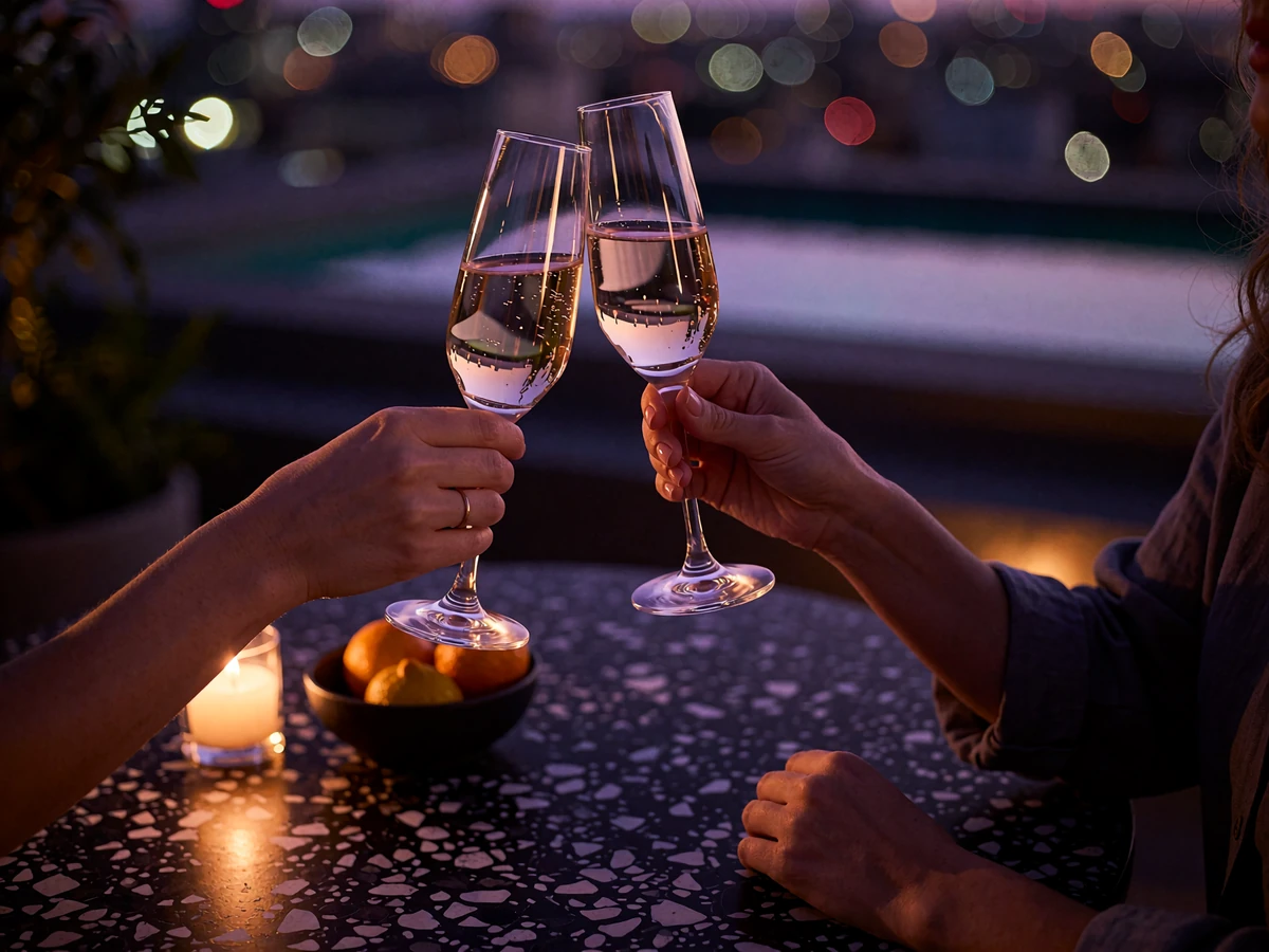 Close view of two hands raising champagne flutes above a rooftop table overlooking Los Angeles at night