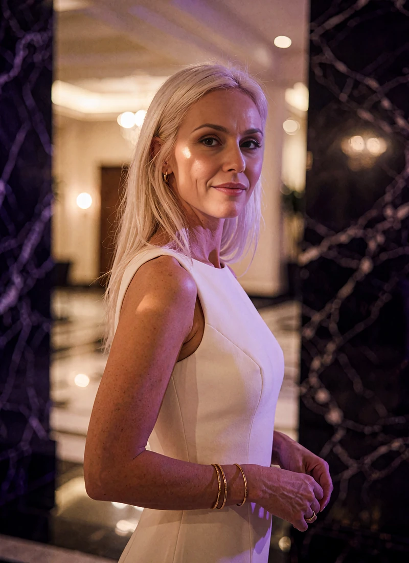 Woman with platinum-blonde hair in a white cocktail dress in a marble atrium near the Galleria