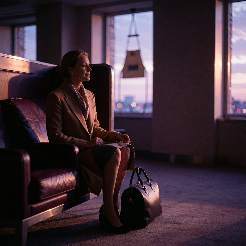 Woman in a tailored camel coat seated in a private airport departure lounge with a leather weekend bag