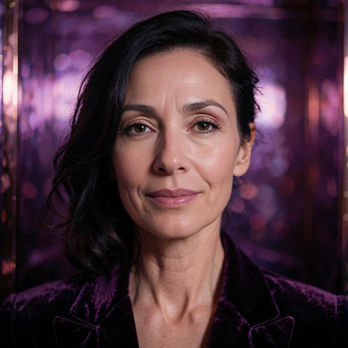 Elegant woman in her late forties with a plum velvet collar, photographed with a warm assured smile in a blurred violet interior