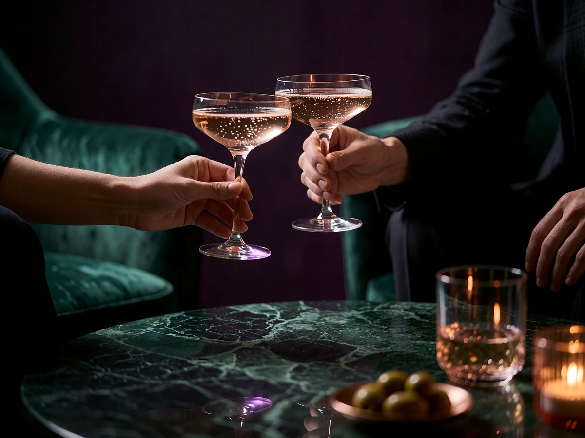 Close view of two hands lifting champagne coupes above a marble table in a private New York penthouse lounge