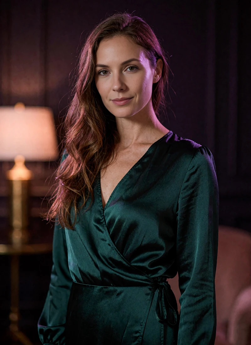 Woman with long chestnut hair in a deep emerald satin wrap dress standing in a dim downtown Indianapolis hotel lobby