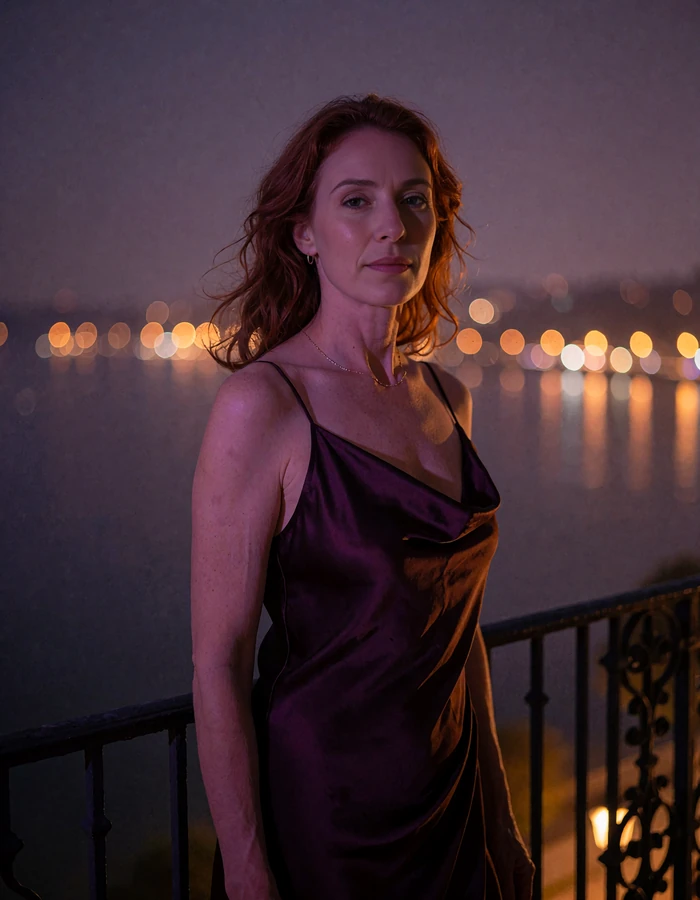 Auburn-haired woman in a plum satin slip dress standing on a high balcony above the lakefront at night