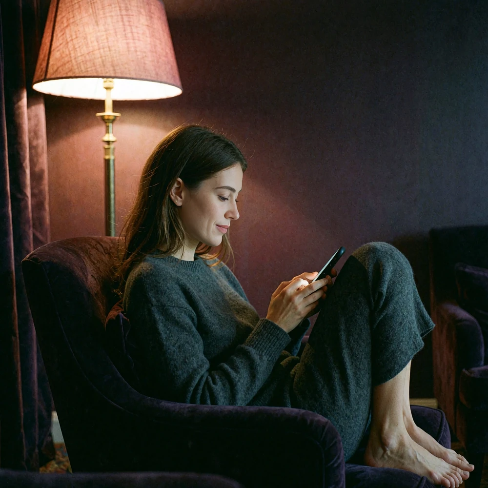 Woman in a charcoal sweater smiling while typing on her phone in a dimly lit hotel suite lounge