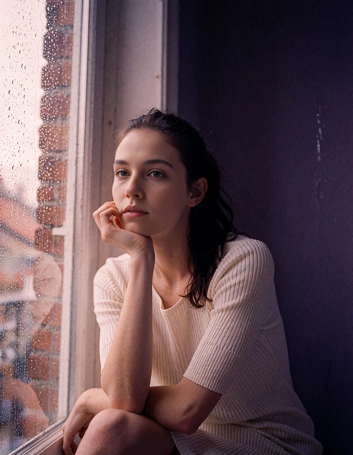Woman with a dark ponytail in a pearl-white ribbed knit top seated near a rain-streaked window