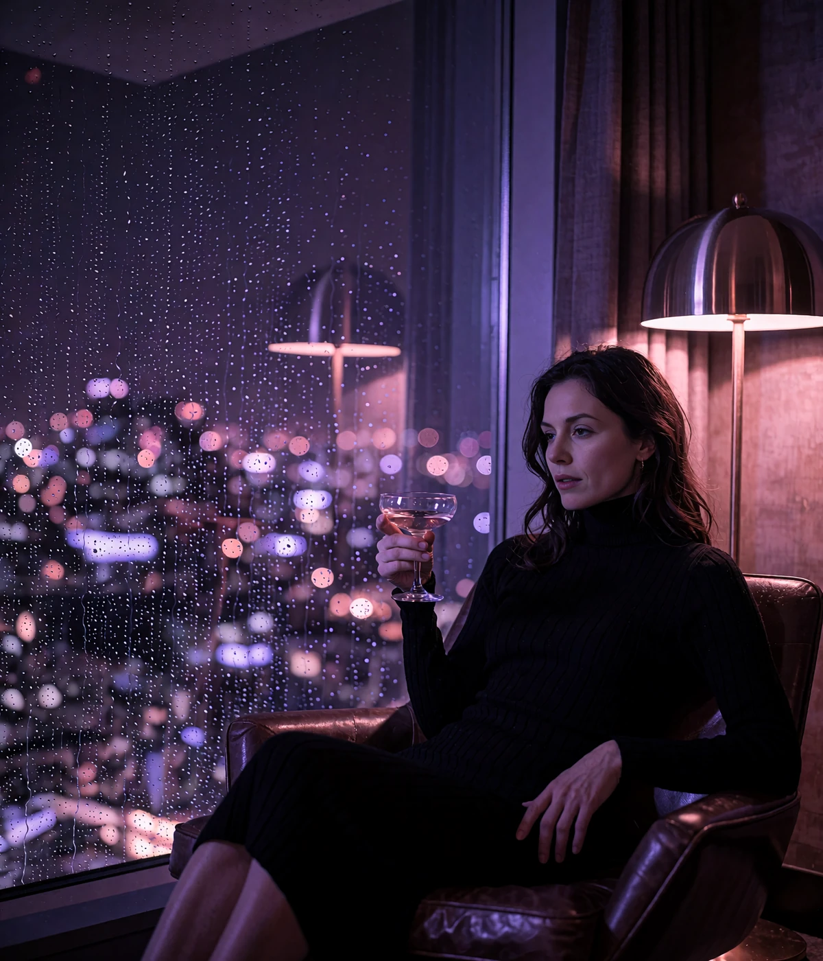 Woman in a black turtleneck dress seated by a rain-streaked window in a Seattle lounge holding a coupe glass