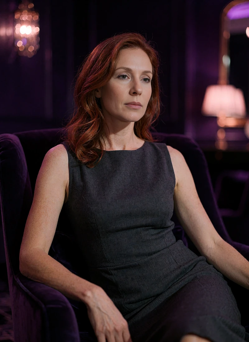 Auburn-haired woman in a fitted charcoal evening dress seated in a deep armchair inside a private club