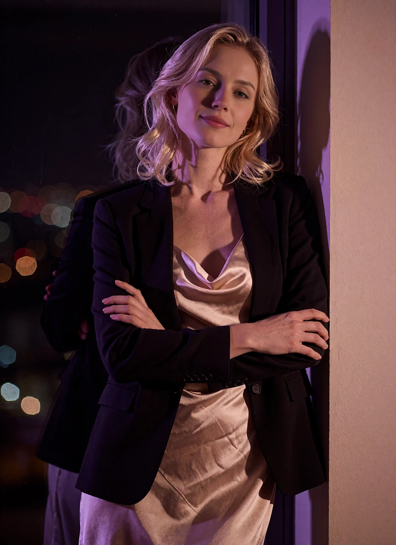 Blonde woman in a champagne silk slip dress and dark blazer standing beside a window overlooking city lights at night
