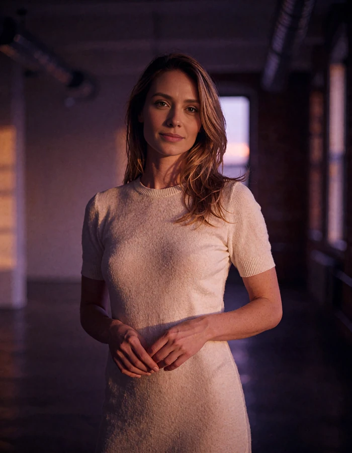 Woman with straight caramel hair in an ivory fine-knit dress standing in a dim modern loft interior