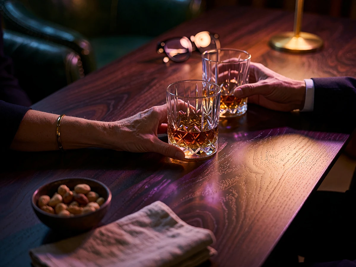Two hands raising cut-crystal whiskey glasses over a dark walnut table in a Dallas private lounge