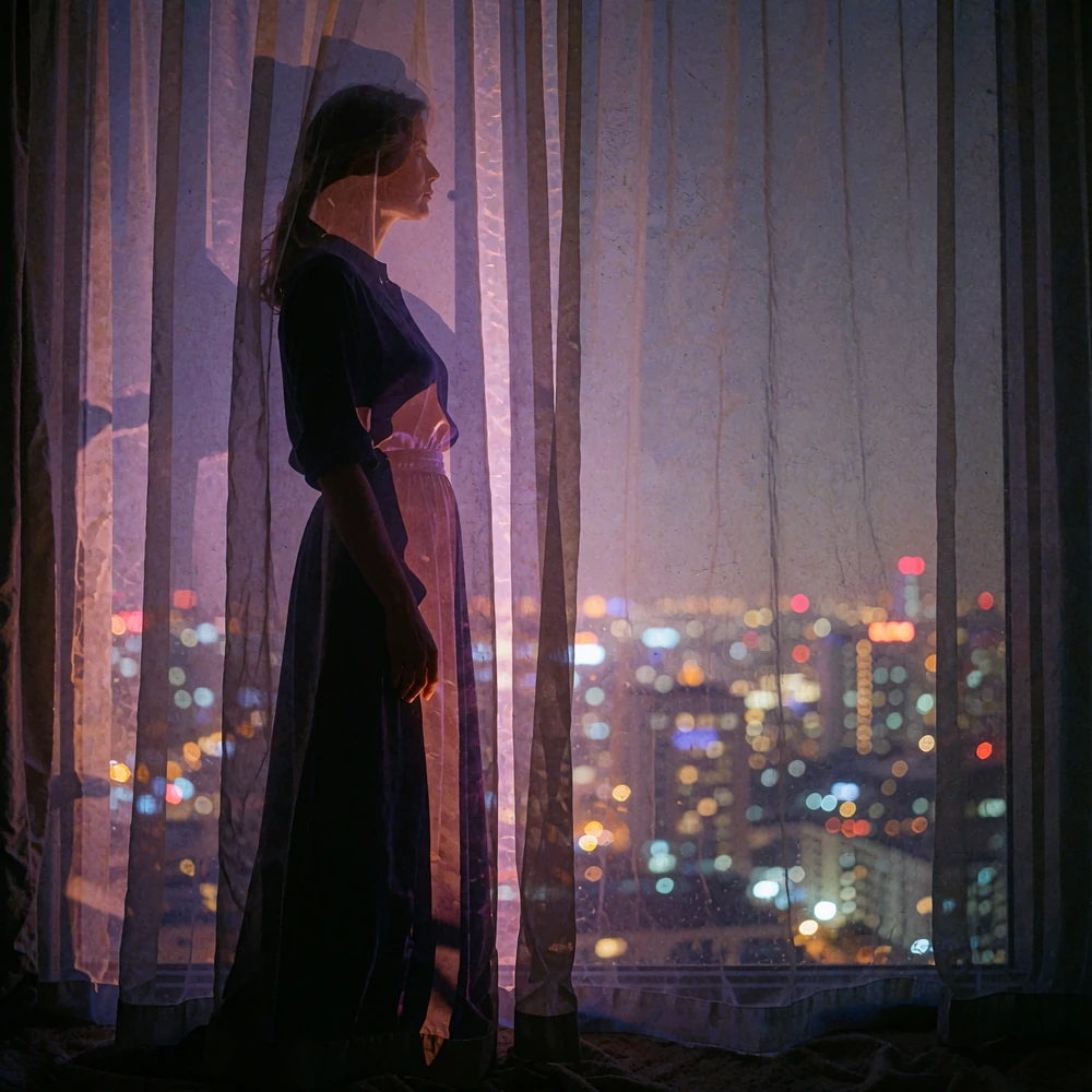 Silhouette of a woman in a dark dress standing behind a sheer curtain overlooking a city skyline at night