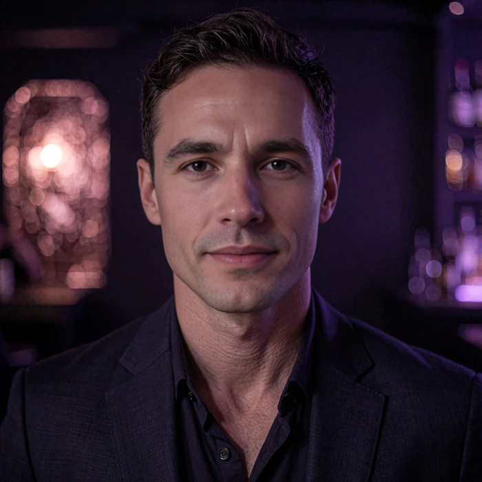 Well-groomed man in his late twenties wearing a dark tailored jacket in a blurred violet-toned bar interior