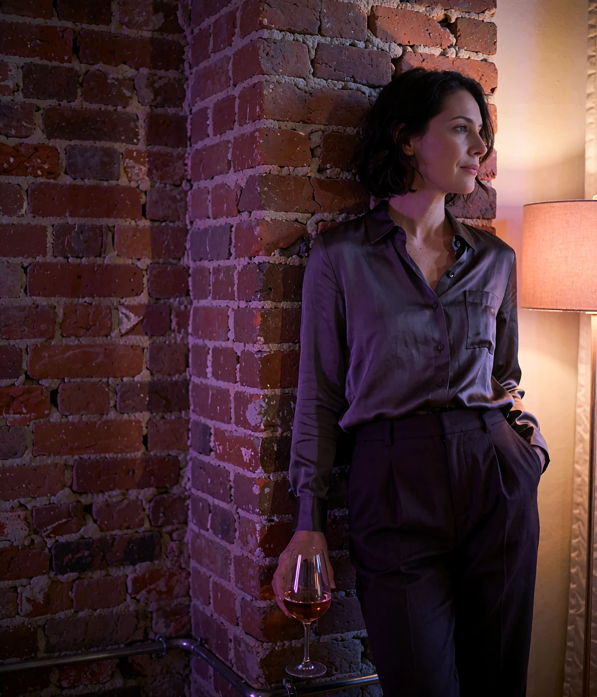 Woman in a slate silk blouse standing beside an exposed-brick column in a converted Columbus loft interior