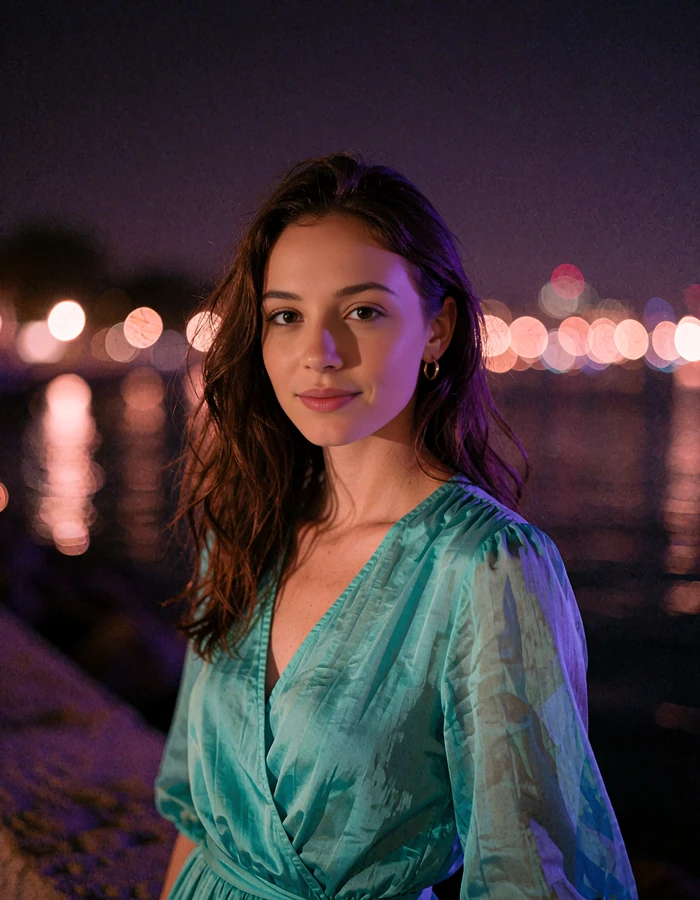 Woman with long dark hair in a teal wrap dress and gold hoop earrings against blurred Tampa waterfront lights