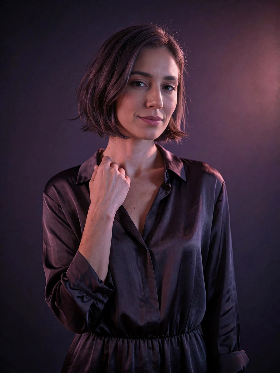 Woman with a sleek dark chin-length bob in a charcoal silk shirt dress standing against a dark violet gradient wall