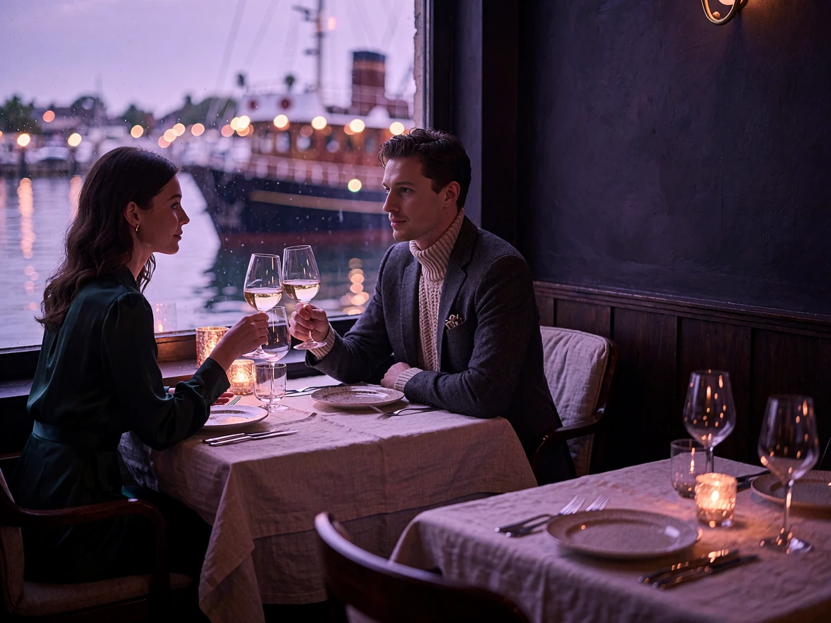 Couple sharing a tasting menu and white wine at a window-side table in an upscale Seattle waterfront restaurant
