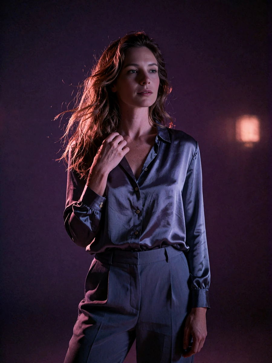 Woman with sun-warmed brunette hair in a slate-blue silk blouse and tailored trousers, calm expression