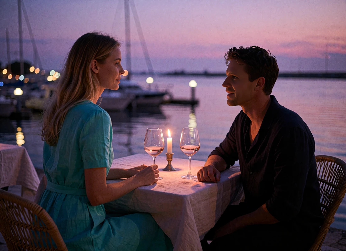 Couple sharing dinner on an open waterfront terrace in Tampa with marina lights reflecting on the water at dusk